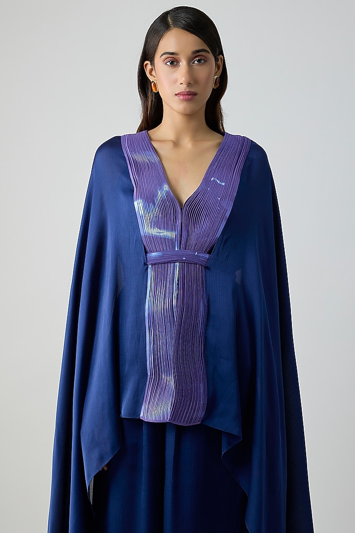 Ink Blue Satin Chiffon Cape Set by Amit Aggarwal at Pernia's Pop Up Shop
