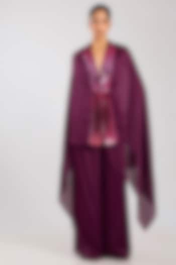 Plum Satin Chiffon Cape Set by Amit Aggarwal at Pernia's Pop Up Shop