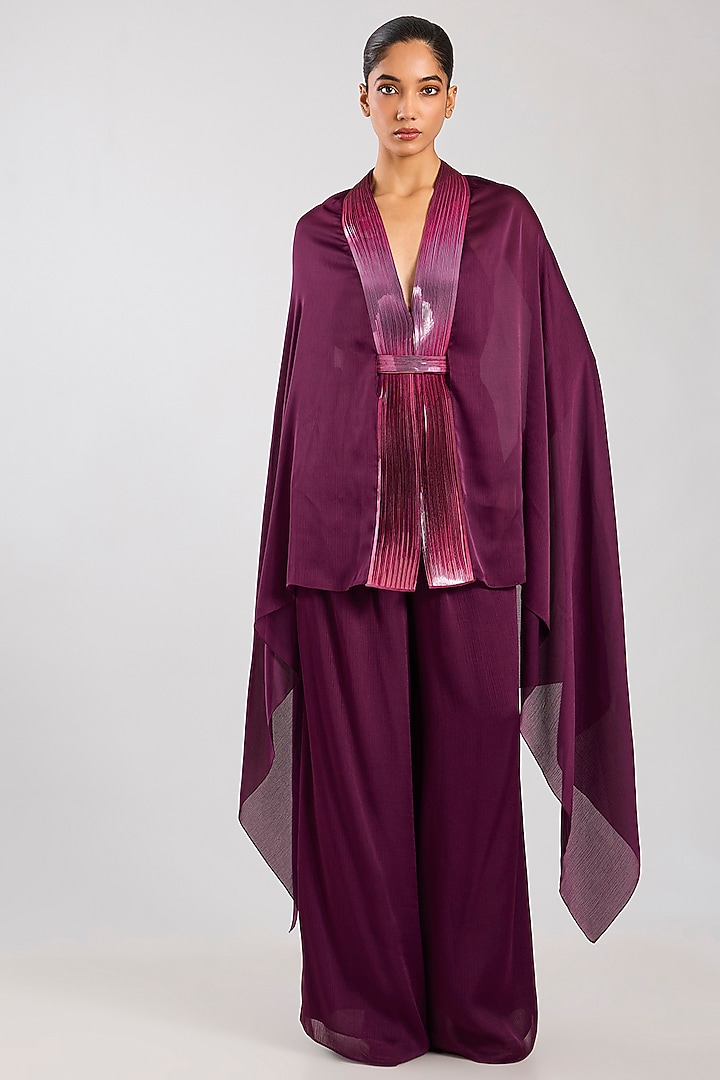 Plum Satin Chiffon Cape Set by Amit Aggarwal at Pernia's Pop Up Shop