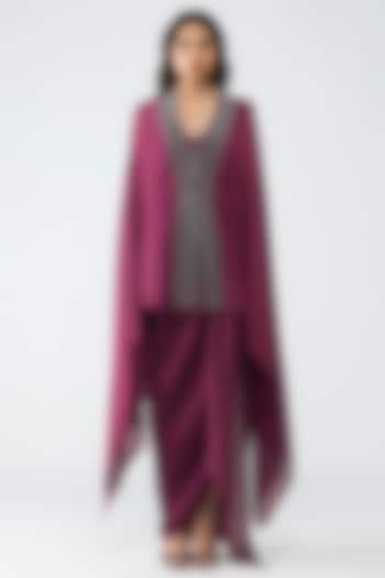 Plum Satin Chiffon Top by Amit Aggarwal at Pernia's Pop Up Shop