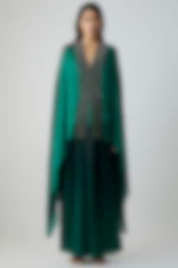 Emerald Green Satin Chiffon Cape With Inner by Amit Aggarwal at Pernia's Pop Up Shop