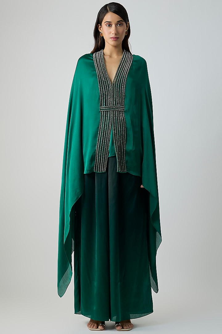Emerald Green Satin Chiffon Cape With Inner by Amit Aggarwal at Pernia's Pop Up Shop