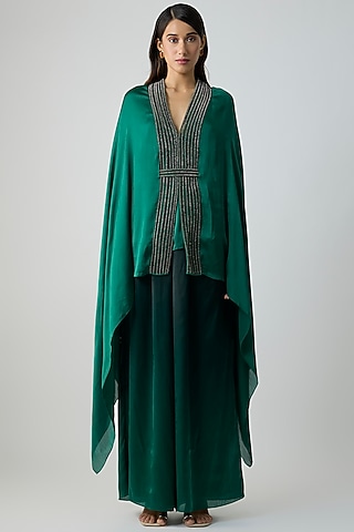Emerald Green Satin Chiffon Cape With Inner by Amit Aggarwal