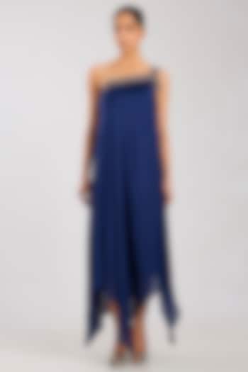 Ink Blue Satin Chiffon Party Wear Dress by Amit Aggarwal at Pernia's Pop Up Shop