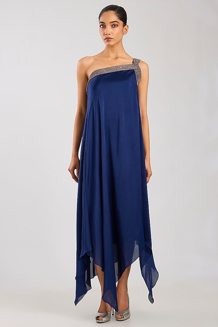Ink Blue Satin Chiffon Party Wear Dress by Amit Aggarwal at Pernia's Pop Up Shop