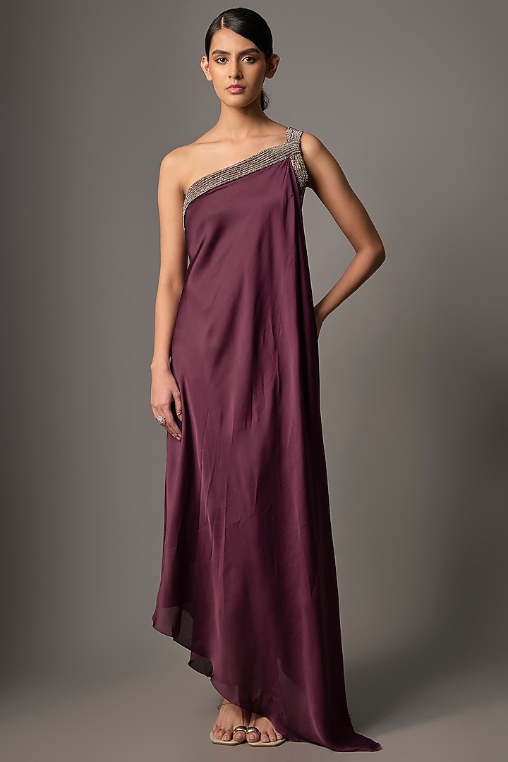 Plum Satin Chiffon Party Wear Dress by Amit Aggarwal at Pernia's Pop Up Shop