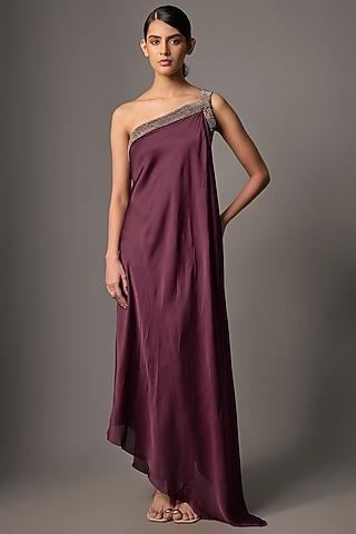 Plum Satin Chiffon Dress by Amit Aggarwal