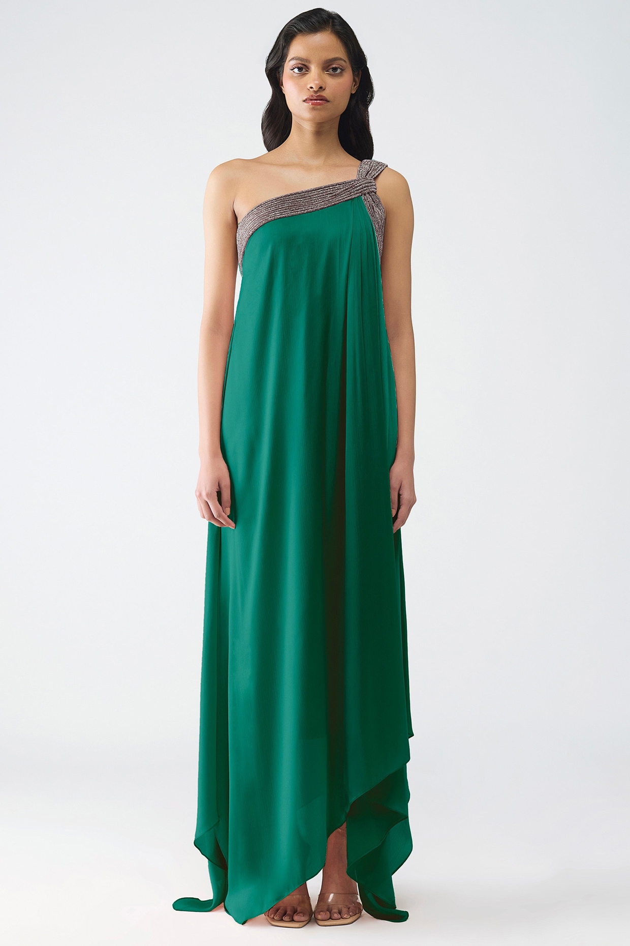 Amit Aggarwal Emerald Green Satin Chiffon One Shoulder Embellished Dress