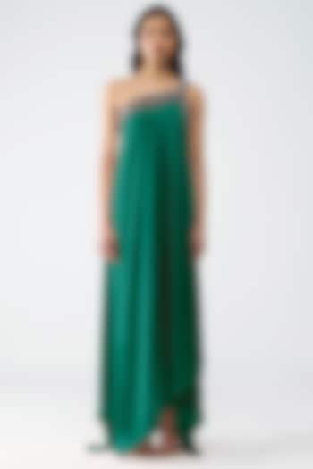 Emerald Green Satin Chiffon One Shoulder Embellished Cocktail Dress by Amit Aggarwal at Pernia's Pop Up Shop