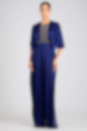 Ink Blue Satin Chiffon Party Wear Dress by Amit Aggarwal at Pernia's Pop Up Shop