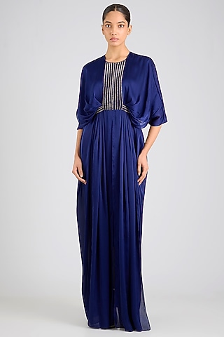 Ink Blue Satin Chiffon Dress by Amit Aggarwal