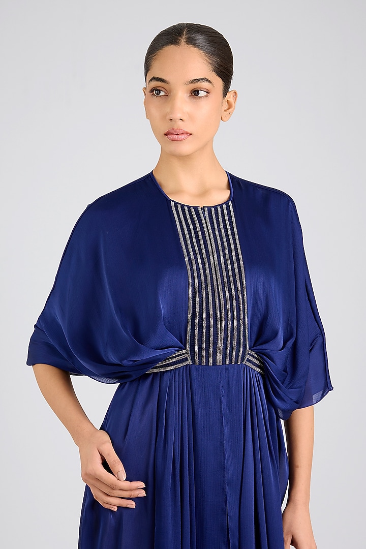 Ink Blue Satin Chiffon Party Wear Dress by Amit Aggarwal at Pernia's Pop Up Shop