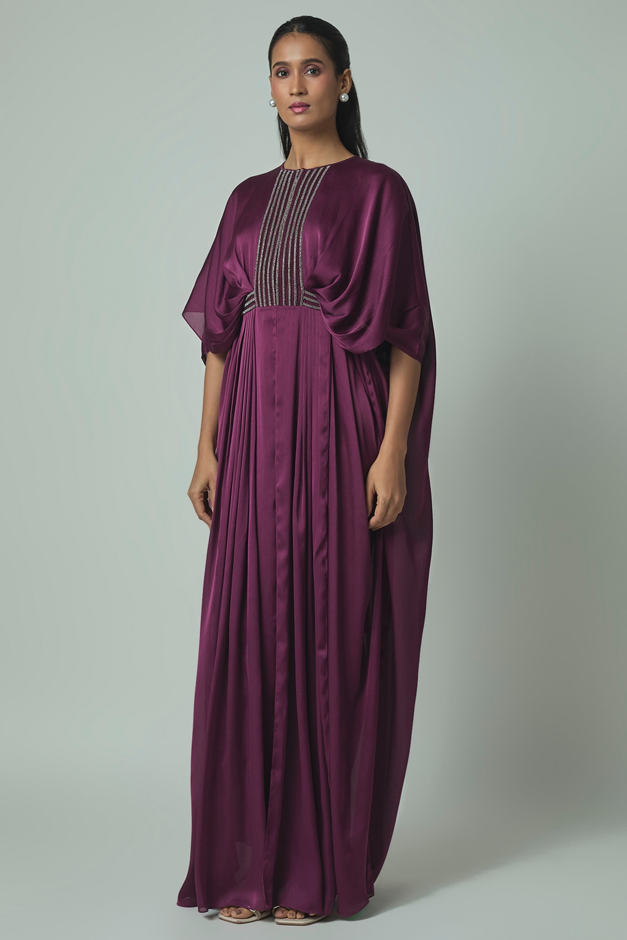 Amit Aggarwal Plum Satin Chiffon Maxi Dress