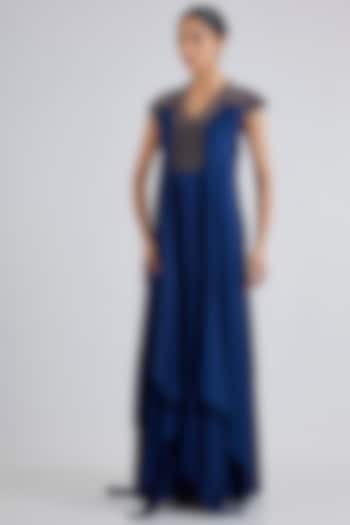 Ink Blue Satin Chiffon Party Wear Dress by Amit Aggarwal at Pernia's Pop Up Shop