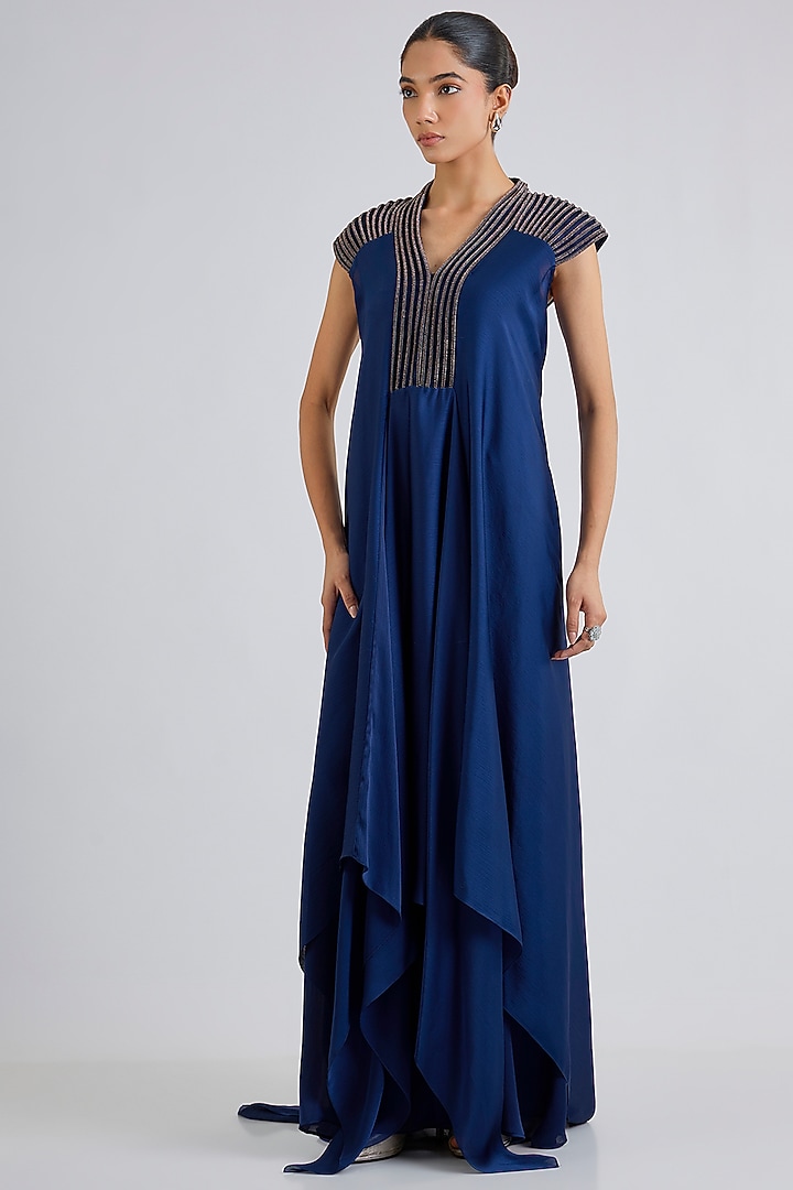 Ink Blue Satin Chiffon Party Wear Dress by Amit Aggarwal at Pernia's Pop Up Shop