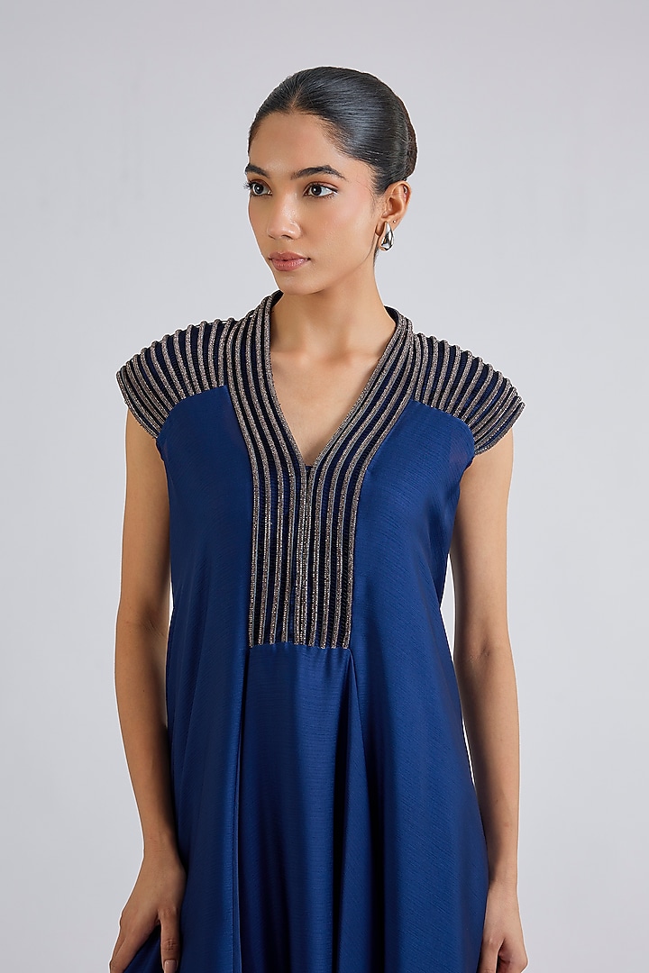 Ink Blue Satin Chiffon Party Wear Dress by Amit Aggarwal at Pernia's Pop Up Shop