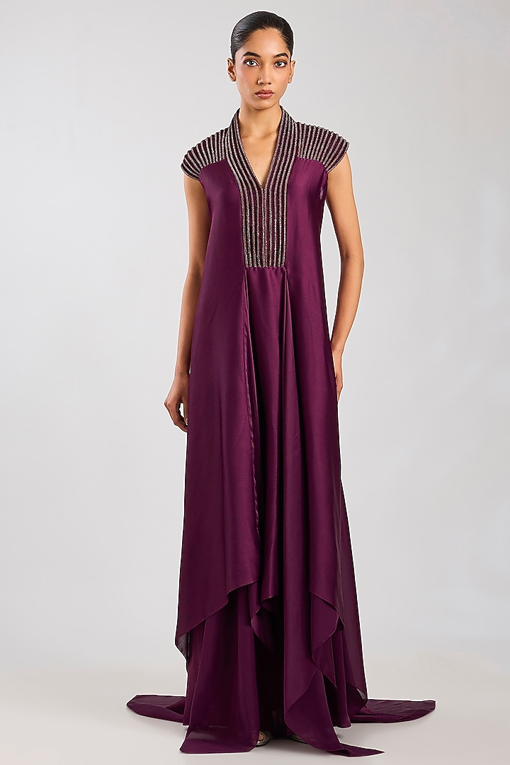 Plum Satin Chiffon Party Wear Dress by Amit Aggarwal at Pernia's Pop Up Shop