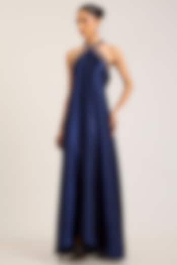 Ink Blue Satin Chiffon Halter Neck Party Wear Dress by Amit Aggarwal at Pernia's Pop Up Shop