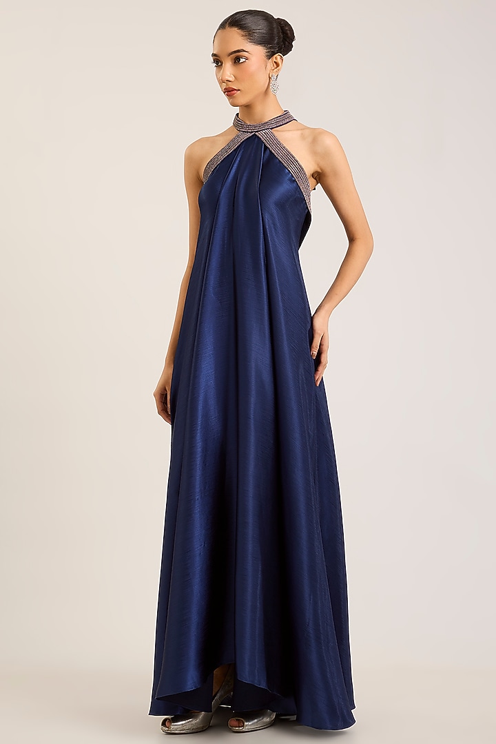 Ink Blue Satin Chiffon Halter Neck Party Wear Dress by Amit Aggarwal at Pernia's Pop Up Shop
