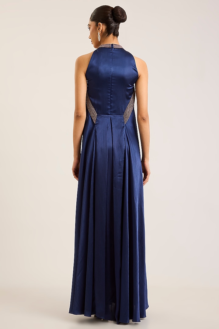 Ink Blue Satin Chiffon Halter Neck Party Wear Dress by Amit Aggarwal at Pernia's Pop Up Shop