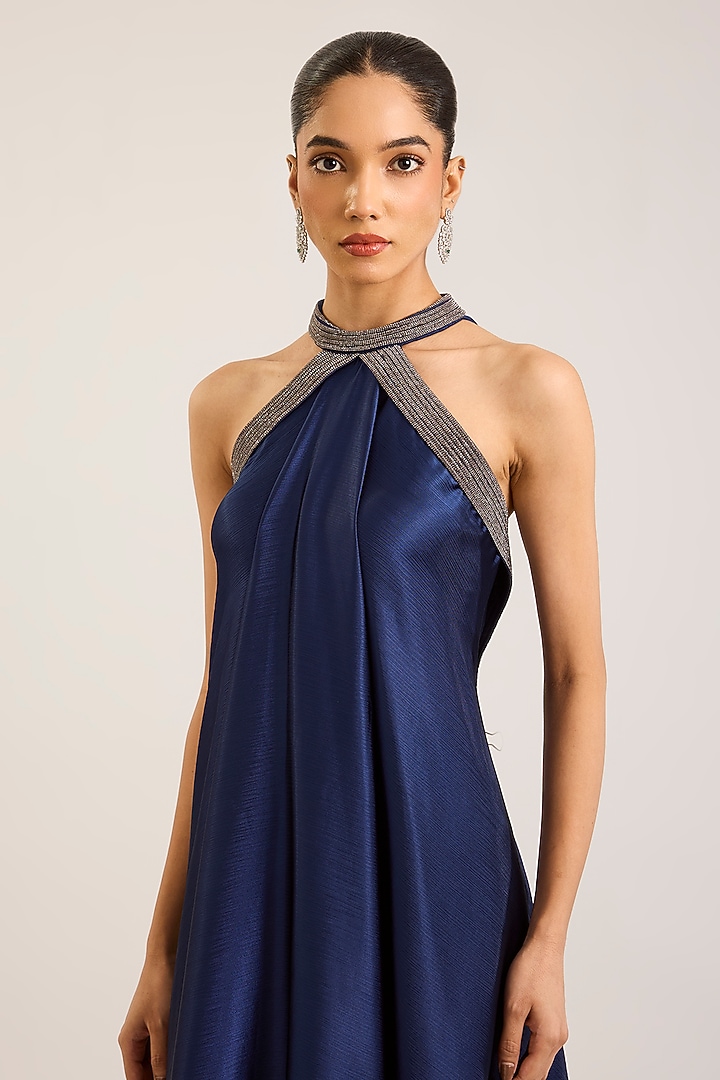 Ink Blue Satin Chiffon Halter Neck Party Wear Dress by Amit Aggarwal at Pernia's Pop Up Shop