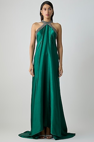 Emerald Green Satin Chiffon Maxi Dress by Amit Aggarwal