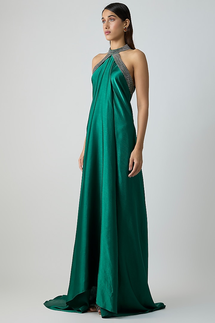 Emerald Green Satin Chiffon Maxi Party Wear Dress by Amit Aggarwal at Pernia's Pop Up Shop