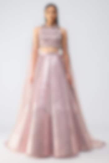 Old Rose Tulle Micro Pleated Metallic Skirt Set by Amit Aggarwal at Pernia's Pop Up Shop