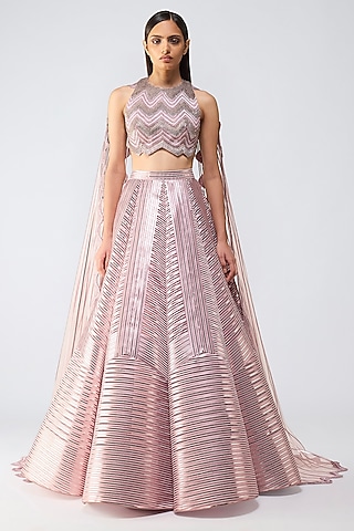 Old Rose Tulle Micro Pleated Metallic Skirt Set by Amit Aggarwal