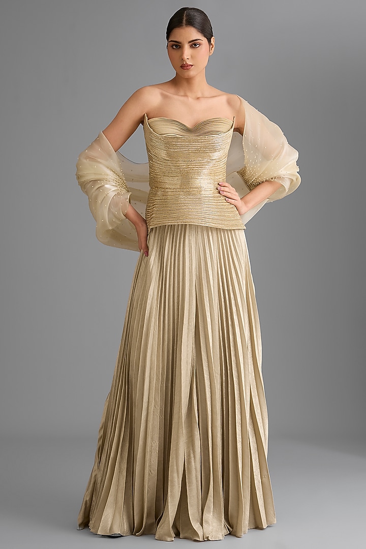Champagne Tulle Cape Set by Amit Aggarwal at Pernia's Pop Up Shop