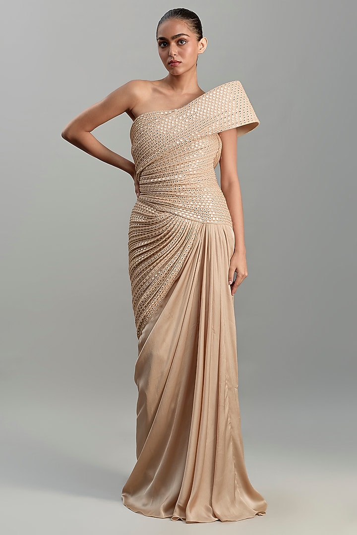 Champagne Satin Chiffon Bridal Gown by Amit Aggarwal at Pernia's Pop Up Shop