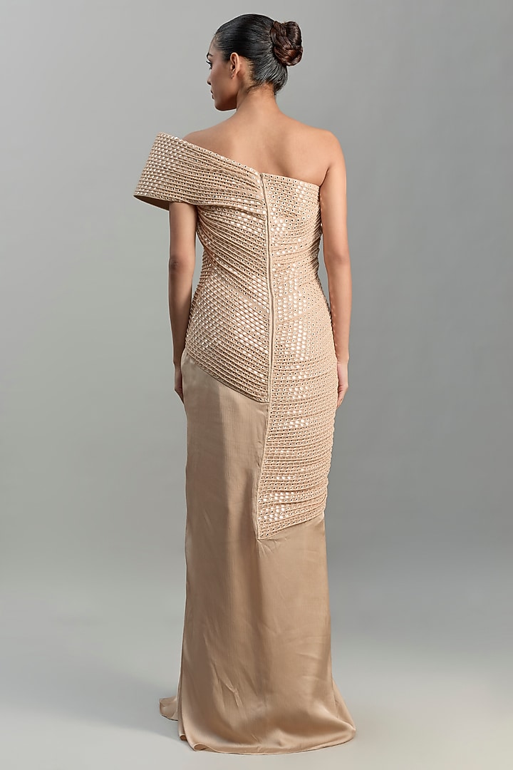 Champagne Satin Chiffon Bridal Gown by Amit Aggarwal at Pernia's Pop Up Shop