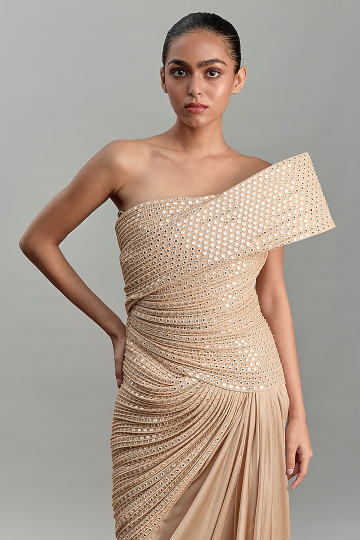 Champagne Satin Chiffon Bridal Gown by Amit Aggarwal at Pernia's Pop Up Shop