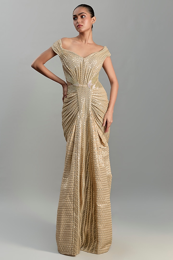 Champagne Georgette & Tulle Bridal Gown by Amit Aggarwal at Pernia's Pop Up Shop