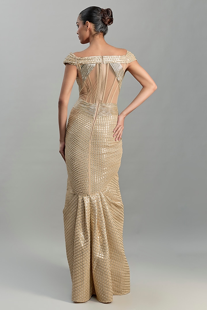 Champagne Georgette & Tulle Bridal Gown by Amit Aggarwal at Pernia's Pop Up Shop