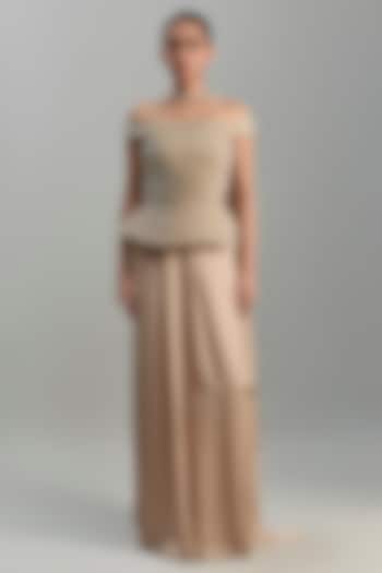Champagne Satin Chiffon Pant Set by Amit Aggarwal at Pernia's Pop Up Shop