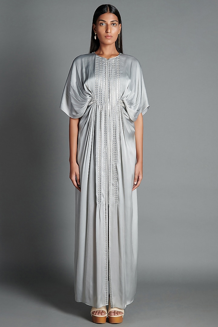 Ice Grey Kaftan Dress With Handwoven Lace by Amit Aggarwal