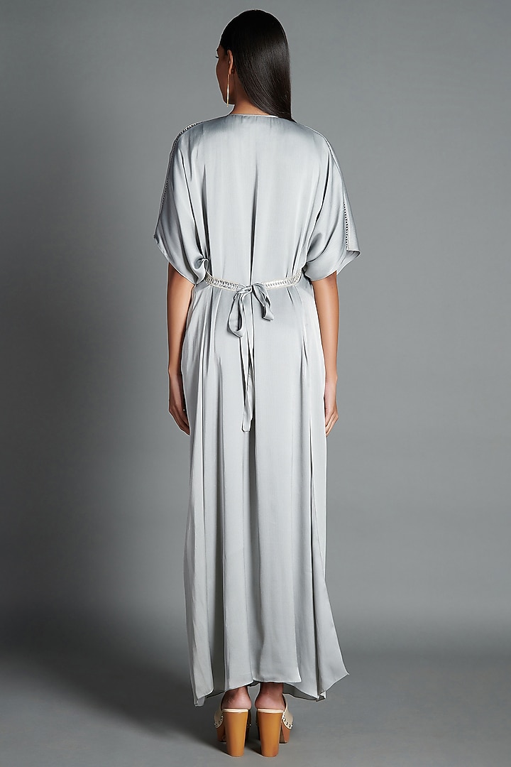 Ice Grey Kaftan Cocktail Dress With Handwoven Lace by Amit Aggarwal at Pernia's Pop Up Shop
