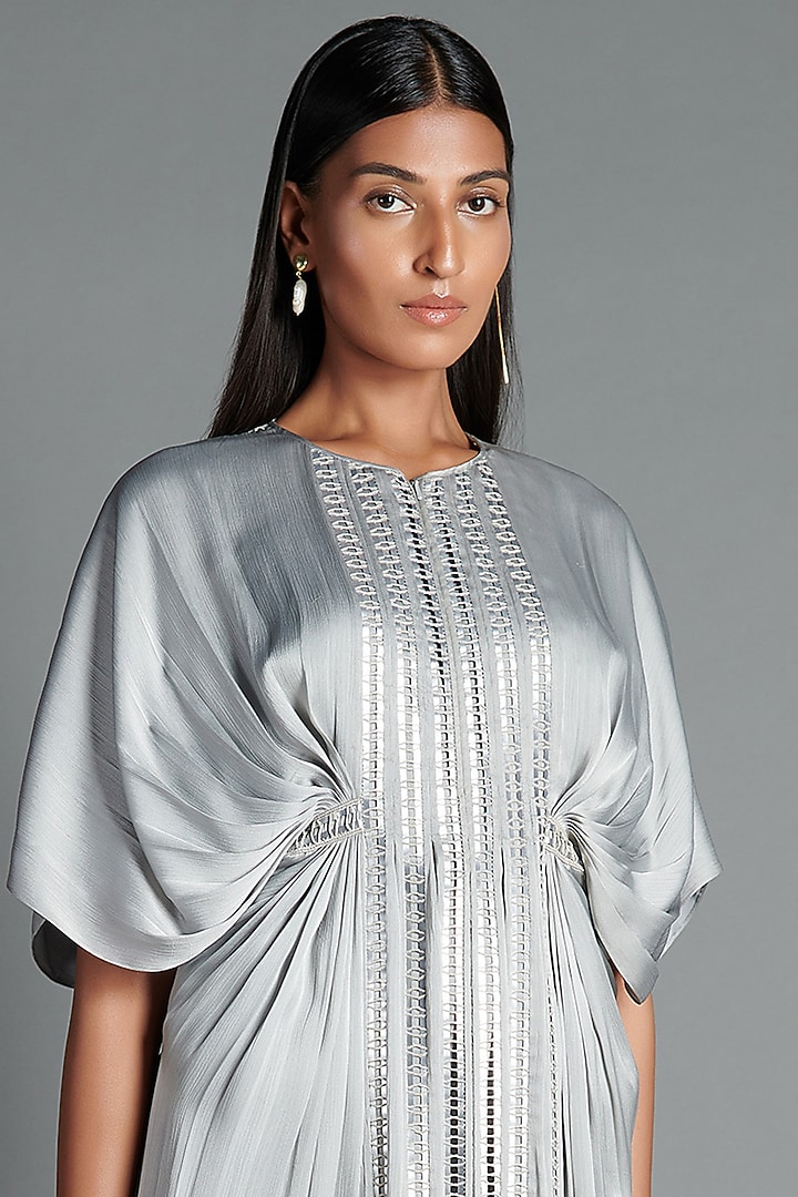 Ice Grey Kaftan Cocktail Dress With Handwoven Lace by Amit Aggarwal at Pernia's Pop Up Shop