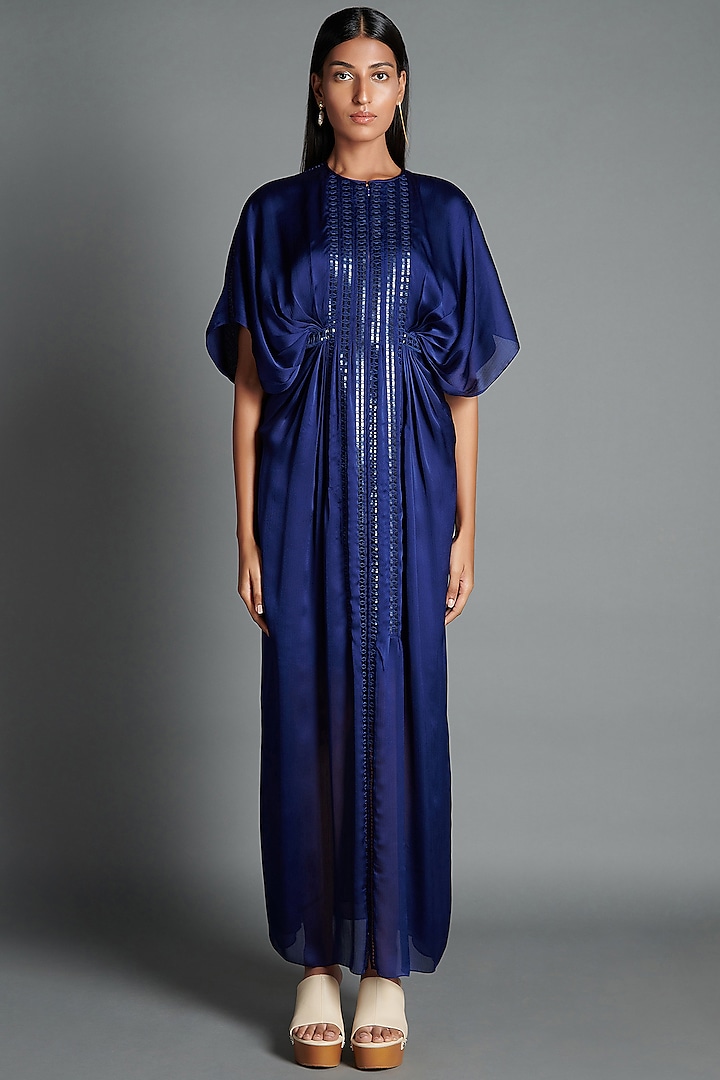 Ink Blue Kaftan Dress With Handwoven Lace by Amit Aggarwal