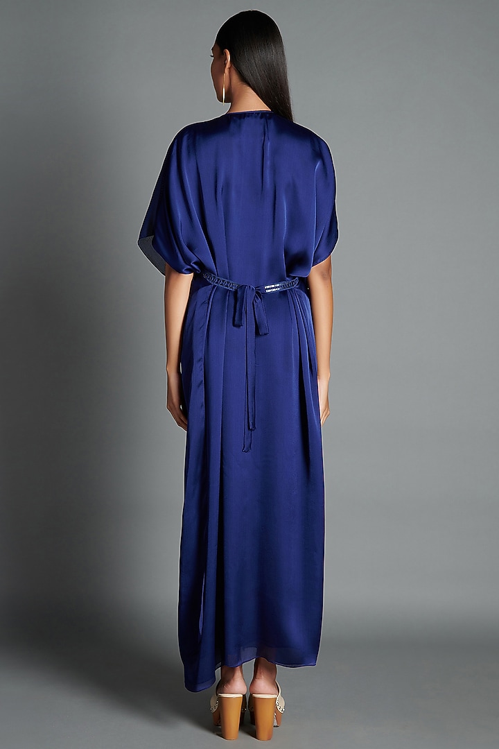 Ink Blue Kaftan Cocktail Dress With Handwoven Lace by Amit Aggarwal at Pernia's Pop Up Shop