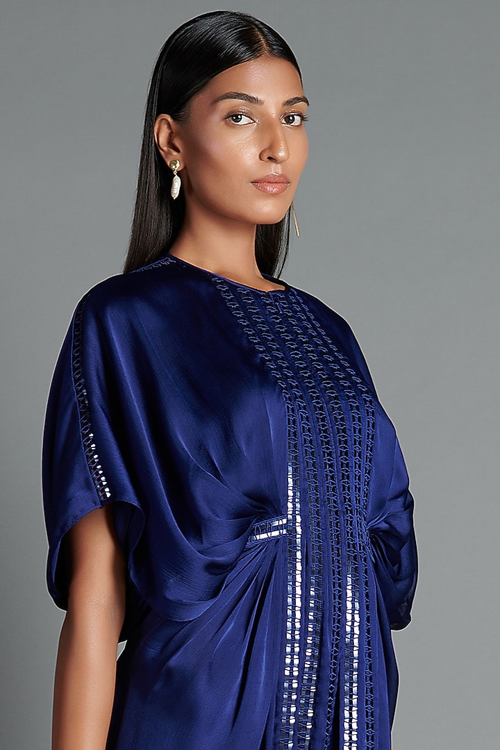Ink Blue Kaftan Cocktail Dress With Handwoven Lace by Amit Aggarwal at Pernia's Pop Up Shop