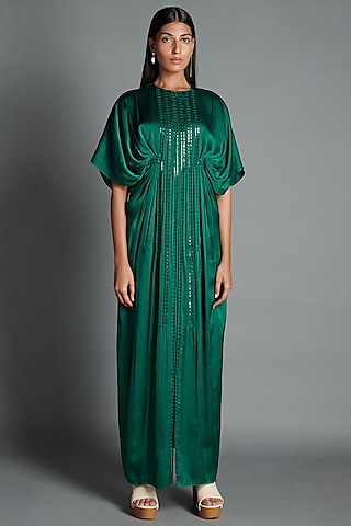 Emerald Kaftan Dress With Handwoven Lace by Amit Aggarwal