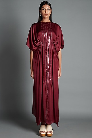 Plum Kaftan Dress With Handwoven Lace by Amit Aggarwal