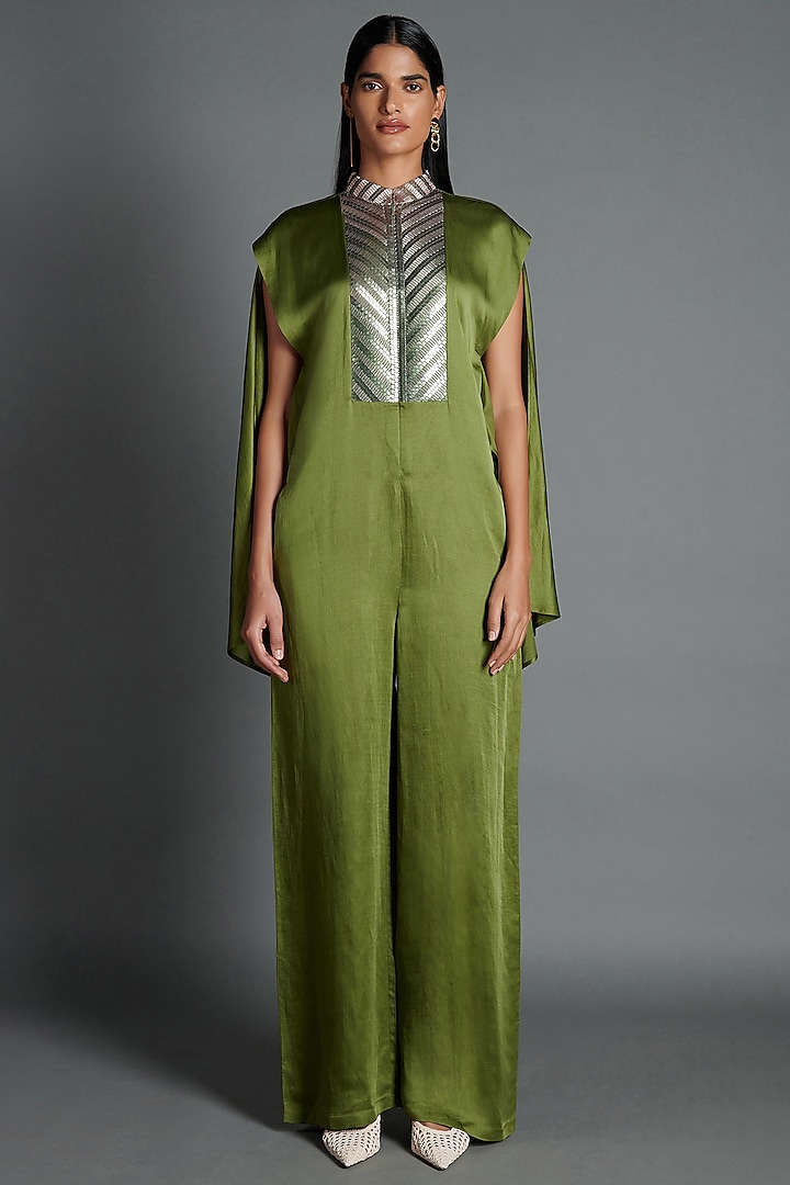 Olive Green Linen Satin Jumpsuit by Amit Aggarwal