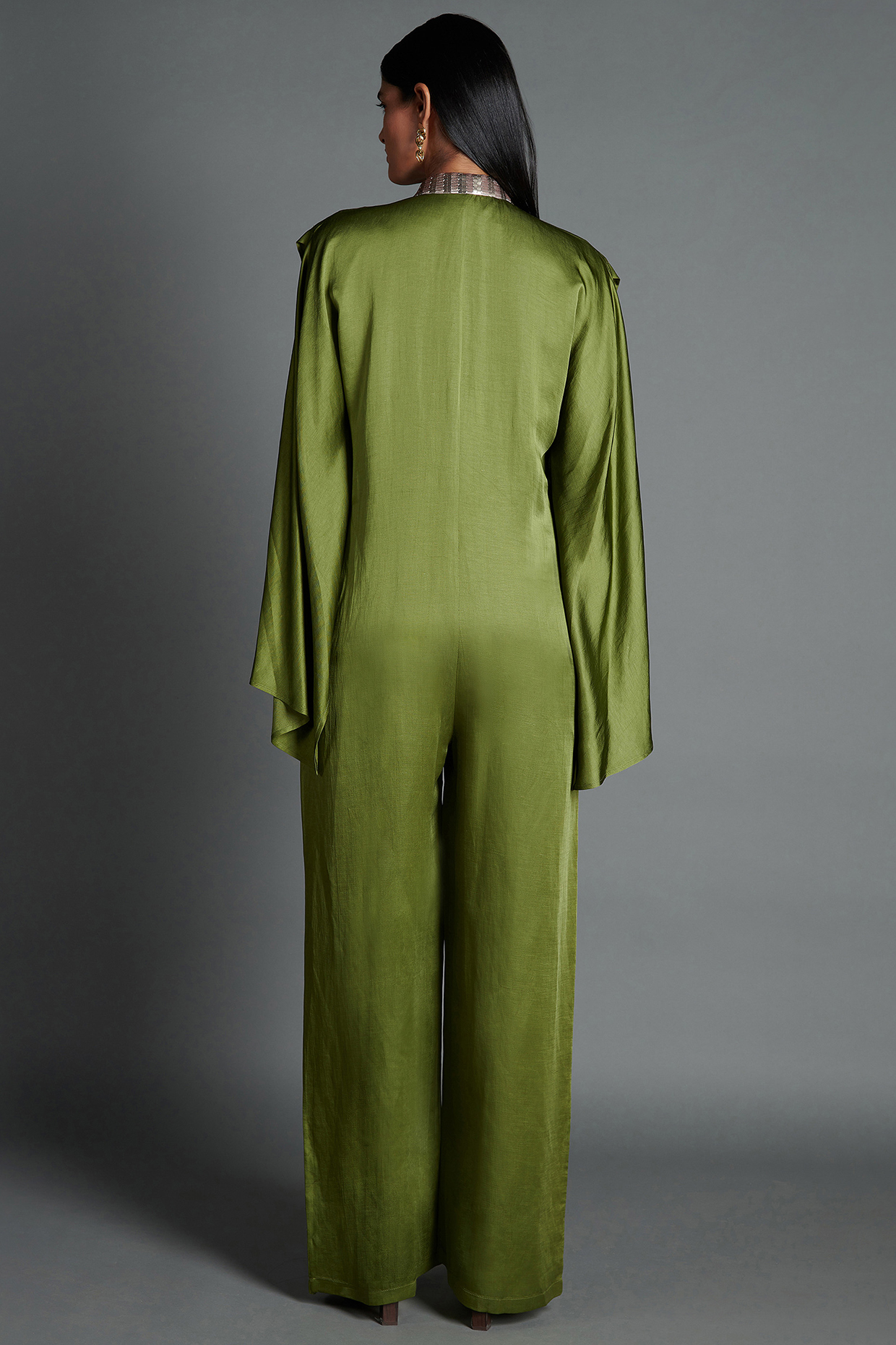 Olive Green Linen Satin Jumpsuit Design by Amit Aggarwal at
