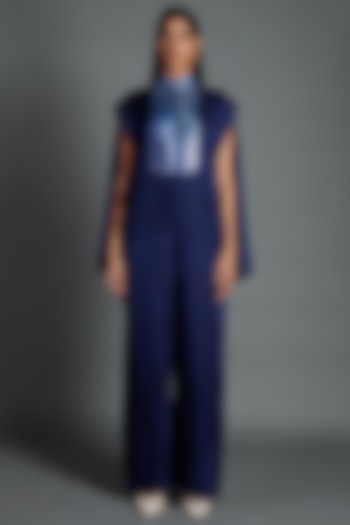 Ink Blue Linen Satin Jumpsuit by Amit Aggarwal