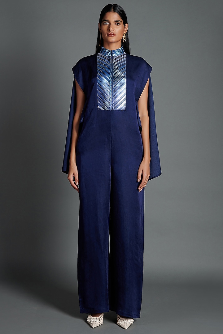 Ink Blue Linen Satin Jumpsuit by Amit Aggarwal