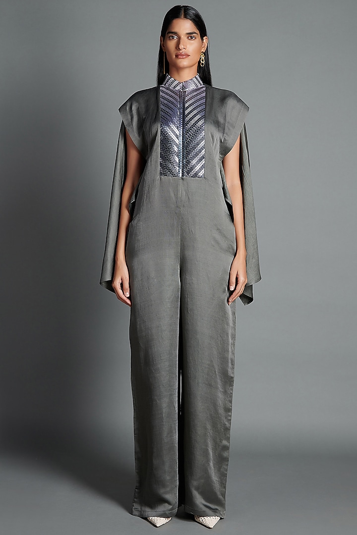 Pewter Grey Linen Satin Jumpsuit by Amit Aggarwal