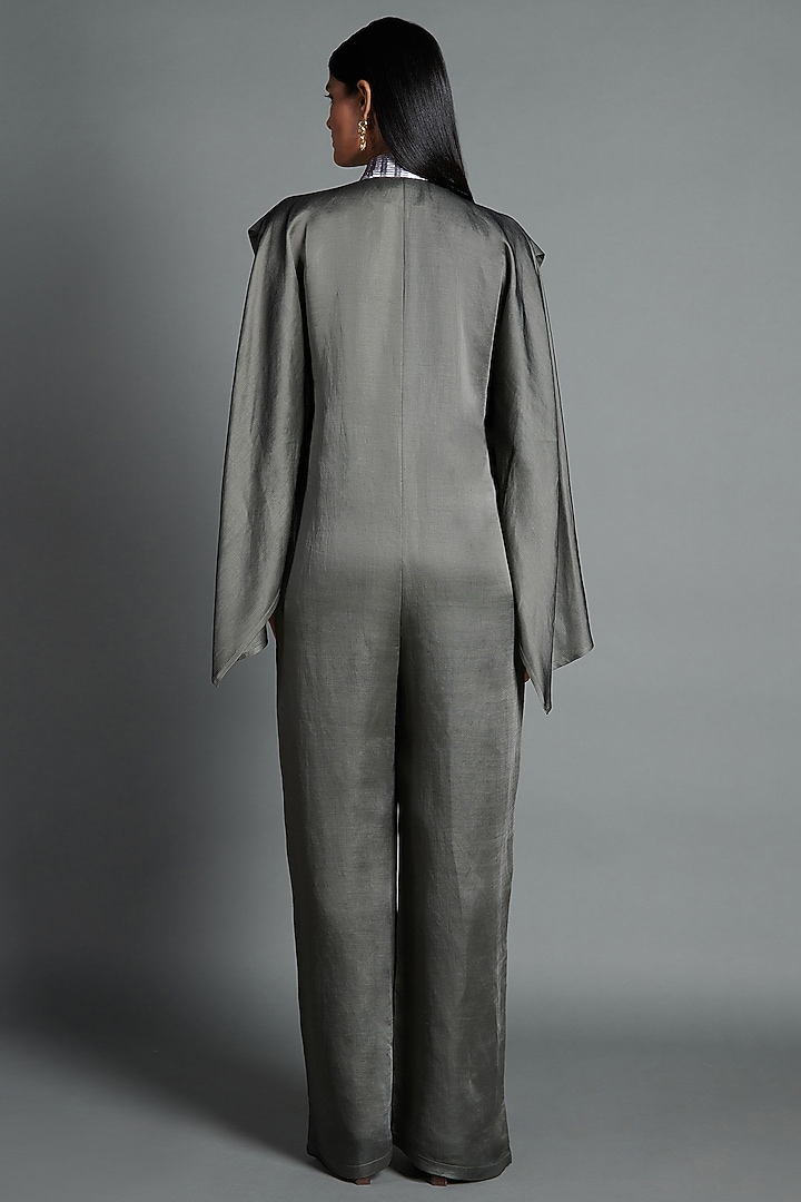 Pewter Grey Linen Satin Jumpsuit by Amit Aggarwal at Pernia's Pop Up Shop